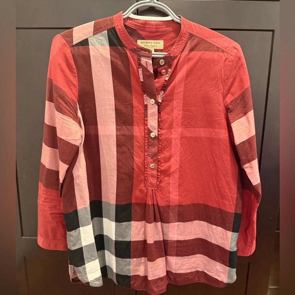Burberry Red Check Cotton Tunic Shirt